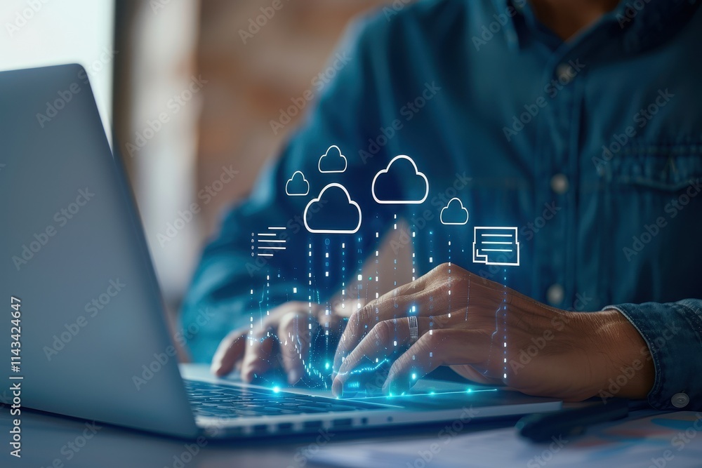 Poster a person types on a laptop with digital cloud icons above, symbolizing cloud computing and data tran