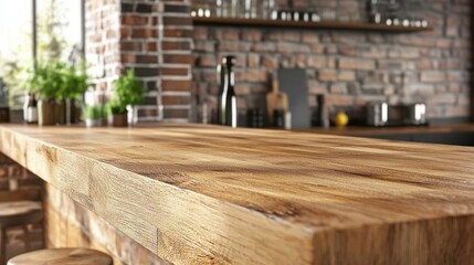 A stylish wooden counter in a contemporary kitchen with a clean, fresh background, ready to showcase products for editing with ample space and modern design.