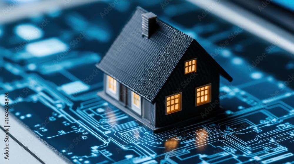 Poster miniature house model on circuit board background illuminating concept of smart home technology and 