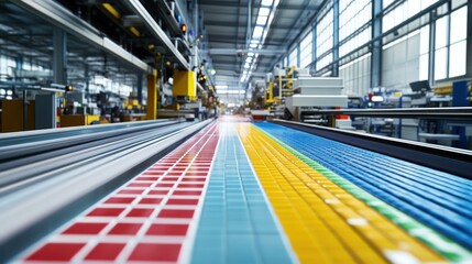 Fototapeta premium A vibrant and busy floor tile production line, with colorful tiles on a conveyor belt, being shaped and processed by automated equipment in a modern, efficient factory.