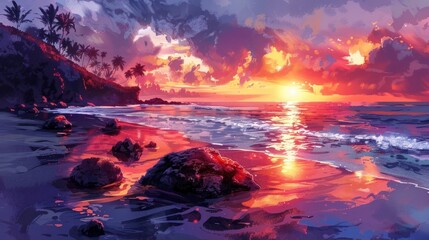 Breathtaking sunset over a tranquil tropical beach with swaying palm trees silhouetted against a fiery vibrant sky  The golden glow reflects off the calm ocean waves