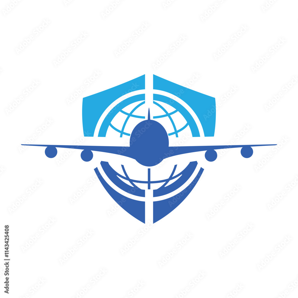 Poster this is a flat logo design of an airplane logo inside a shield shape with a globe shape on the cente