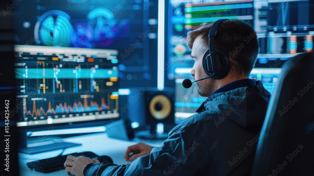 Poster a focused individual monitors data on multiple screens while wearing a headset, surrounded by high-t
