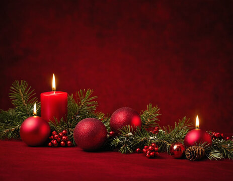 Red a background for christmas background with decoration. New year mockup for celebrating. AI Generating