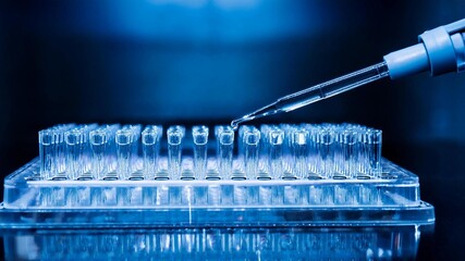 Researcher using micropipette dropping solution to microplate, for biologic tests. 96 well plate with samples for biological analysis. Scientist hand holding microplate for biomedical research.