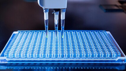 Researcher using micropipette dropping solution to microplate, for biologic tests. 96 well plate with samples for biological analysis. Scientist hand holding microplate for biomedical research.