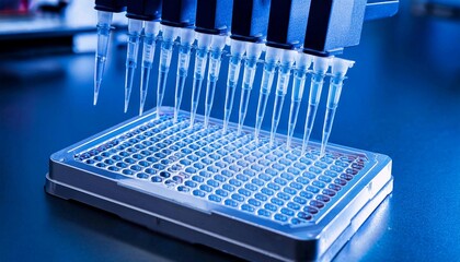 Researcher using micropipette dropping solution to microplate, for biologic tests. 96 well plate with samples for biological analysis. Scientist hand holding microplate for biomedical research.