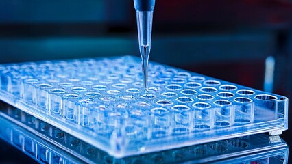 Researcher using micropipette dropping solution to microplate, for biologic tests. 96 well plate with samples for biological analysis. Scientist hand holding microplate for biomedical research.