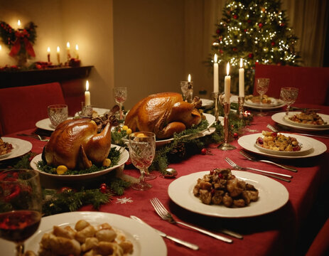 Christmas meal served on the table, on the side with christmas decoration background