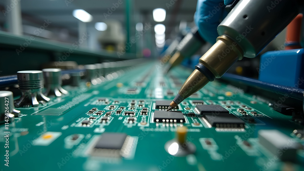 Poster precise robotic arms meticulously assemble microchips onto a circuit board, showcasing advanced tech
