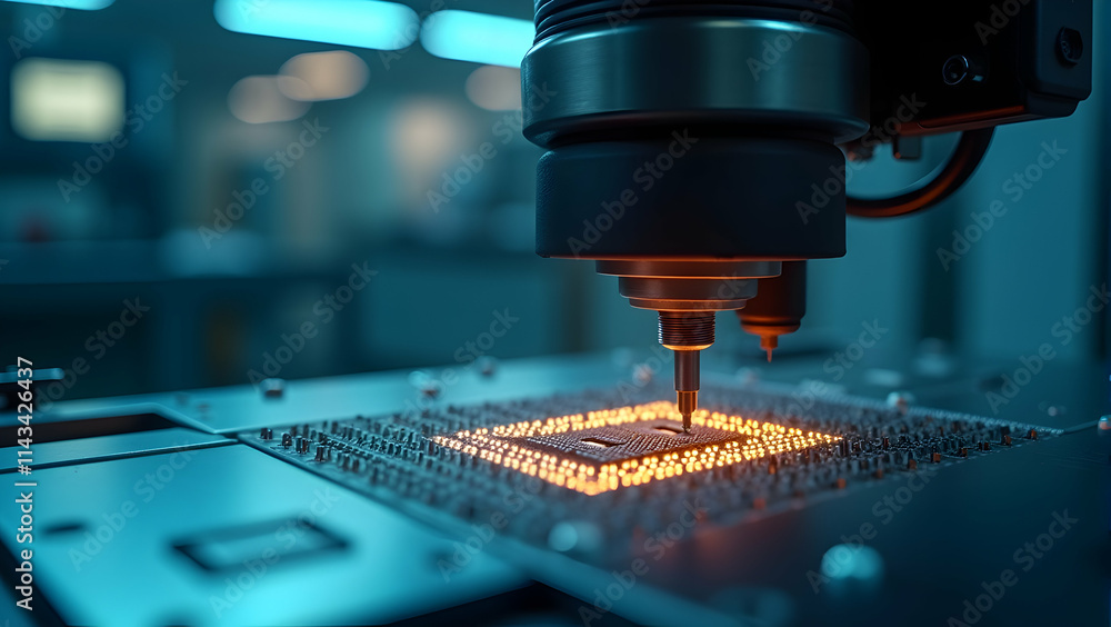 Poster precision engineering: a robotic arm meticulously assembles a microchip, its tiny components glowing