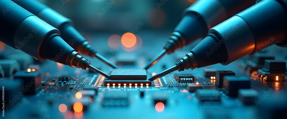 Poster precise robotic arms meticulously soldering a microchip onto a circuit board, illuminating the intri