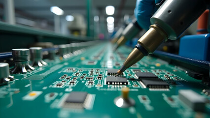 Precise robotic arms meticulously assemble microchips onto a circuit board, showcasing advanced technology and automated manufacturing. 
