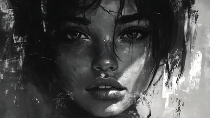 Monochromatic portrait of a woman's face, painted in a textured style with dramatic lighting.