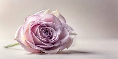 Obraz premium A delicate, pale purple rose with soft petals unfolding against a neutral white background , purple, nature, purple