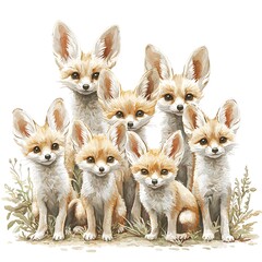 Obraz premium Adorable Group of Fennec Foxes Sitting Together in Watercolor Style.