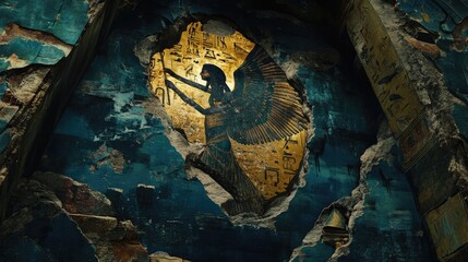 Fototapeta premium Egyptian wall painting: deity portrayal, sovereign likeness, royal symbolism, sacred fresco, ancient art, cultural depiction, divine representation, pharaoh illustration, historical mural.