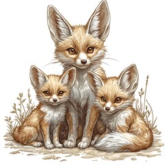 Obraz premium A Family of Fennec Foxes Mother and Two Kits Huddled Together in Their Desert Habitat.