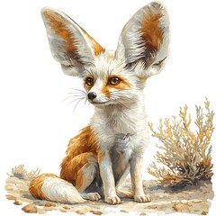 Obraz premium A Vibrant Artistic Portrait of a Fennec Fox, Sitting Amidst Desert Flora.