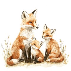 Watercolor Painting of a Fox Family Mother Fox with Two Cute Kits.