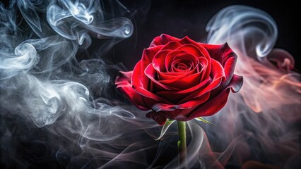 rose wrapped in red smoke swirl on black background, shadows, beauty,  shadows, beauty, mysterious, enchanting, night, sensual