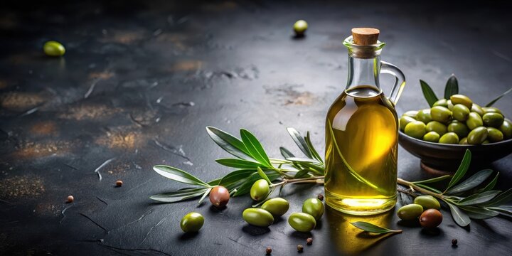 A bottle of extra virgin olive oil with a dark background and a few olives scattered around it, showcasing its rich color and texture , natural ingredients, evo oil