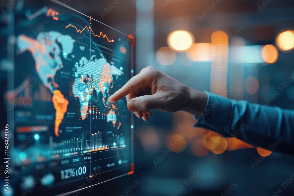 Poster a person interacts with a digital map and data visualization, highlighting global information trends