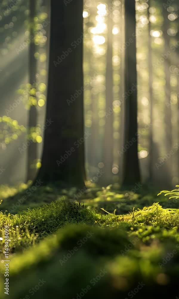 Poster sunlight filters through tall trees in a tranquil forest illuminating lush green moss