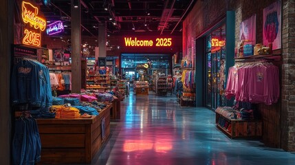 Neon-lit retail store interior with clothing and merchandise displays.