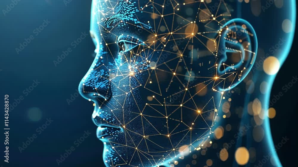 Poster artificial intelligence face made of dots and lines processing big data in a complex network of conn