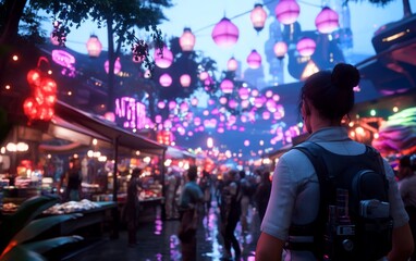 Naklejka premium Woman exploring vibrant, nighttime market.