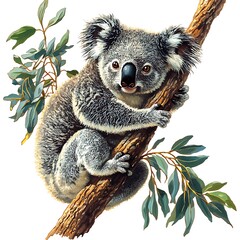 Obraz premium A charming koala bear clinging to a eucalyptus branch, depicted in a vibrant watercolor painting style.