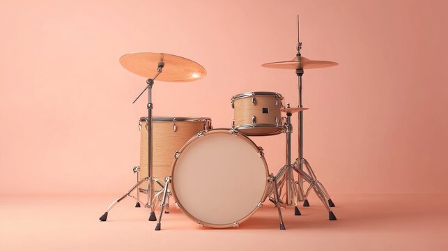 Full drum set with a wooden shell finish and chrome hardware, enhanced by a modern 3D stick effect, against a soft peach pastel background