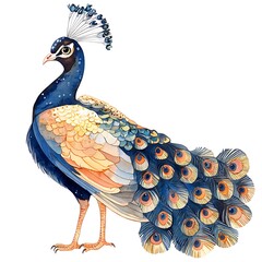 Obraz premium Watercolor painting of a majestic peacock with vibrant blue, orange, and gold feathers.