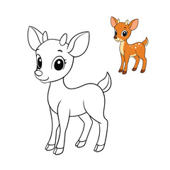 A delightful coloring page featuring a small, adorable deer standing gracefully in a woodland setting. Perfect for kids and adults to bring to life with vibrant colors!