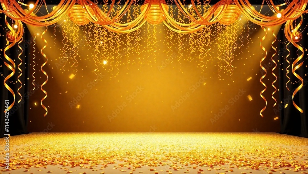 Poster golden empty stage background with golden particles and lights, generative ai, copy space