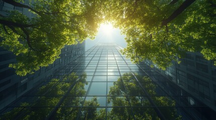 Sustainable Corporate Architecture in a Futuristic Cityscape with Green Trees and Glass Skyscrapers