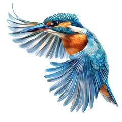 A Vibrant Artistic Rendering of a Kingfisher in Flight Against a White Background.