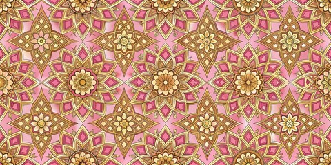 Geometric pattern featuring gold and pink shapes in a seamless repeat design with intricate details and ornate motifs , seamless