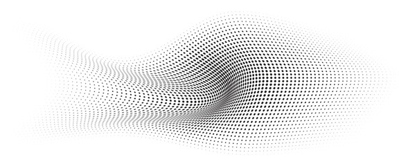 Flowing Wave Dot Halftone Pattern: Curve Gradient Shape on Transparent Background. Suitable for AI, Tech, Network, Digital, Science, and Technology Themes.