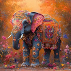 Obraz premium Majestic Elephant with Indian Decorations in Watercolor