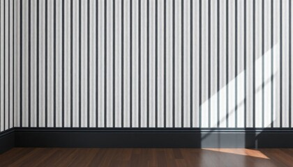 Linear Stripes Living Room Wallpaper with thin, vertical striped patterns. The skirting boards are painted in a bold black.