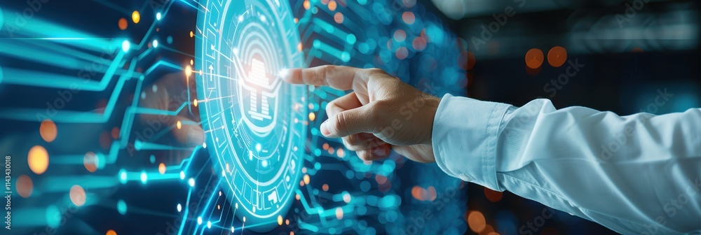 Poster a hand touches a digital interface displaying glowing circuits and a central icon, symbolizing techn