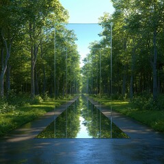Enchanted Forest Reflection with Glass Portal in Nature's Tranquility