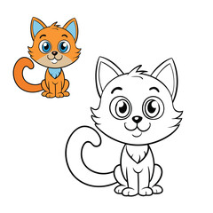 A cute, little, happy cat coloring page featuring a playful kitten with a big smile, fluffy tail, and bright eyes, perfect for fun and creative coloring time.