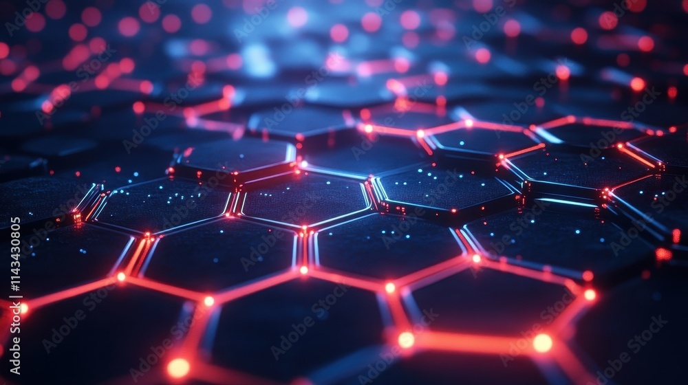 Poster a grid of black hexagonal shapes, glowing with red and blue light.