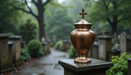 Fototapeta premium Rainy cemetery with bronze urn on stone pedestal, cross on top, blurred gravestones in background.Reflection. Solitude. Remembrance.somber mood, funeral theme, remembrance poster, calm reflection,