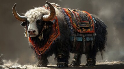 Majestic Yak: A Digital Painting of a Decorated Highland Beast