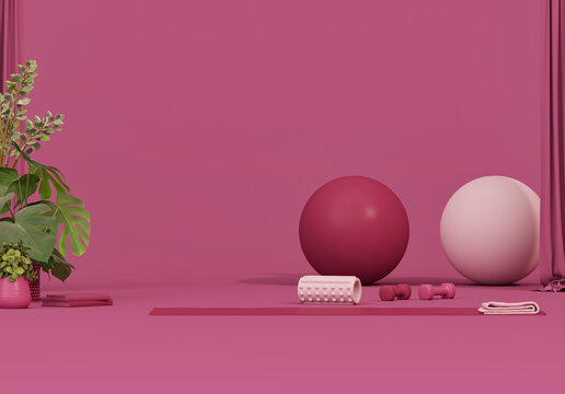 Sport fitness equipment, yoga mat, Kettlebell, dumbbells,plant pot, laptop on dark pink , viva magenta background. Trendy 3d render for fitness, lifting in the gym, gym at home.	