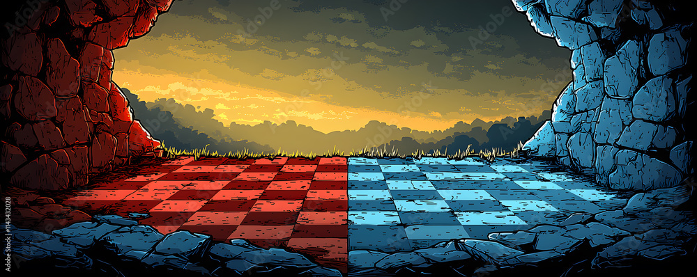 Poster a checkered floor with a blue and red checkered pattern